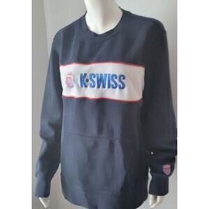 K-Swiss Logo Vintage Blue White Red Striped Crewneck Pullover Size M Pockets